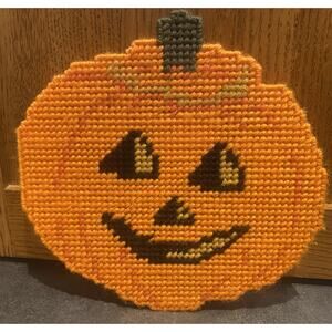 Vintage Halloween Pumpkin Plastic Needpoint Magnet Wall Hanging